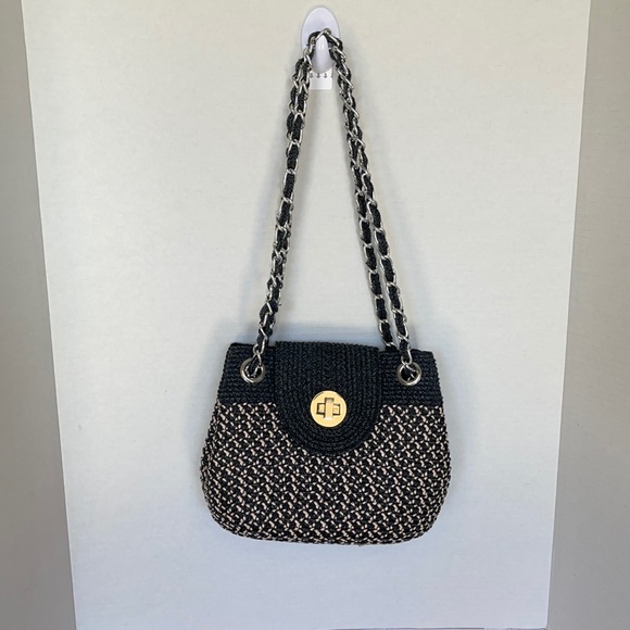 Handbags - Straw handbag, BlackW/tan silver chain handles.